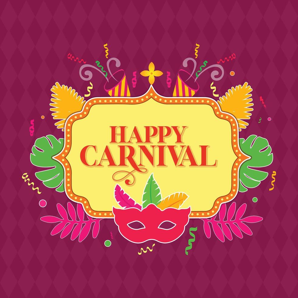 Happy Carnival. Celebrate with a festive design featuring musical instruments, tambourines, masks, confetti, and vibrant leaves set against a magical and colorful background. vector