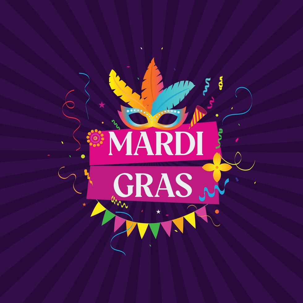 Mardi Gras carnival illustration featuring a festive frame with confetti, masks, maracas, a guitar, and feathers, all set against a vibrant purple background. vector