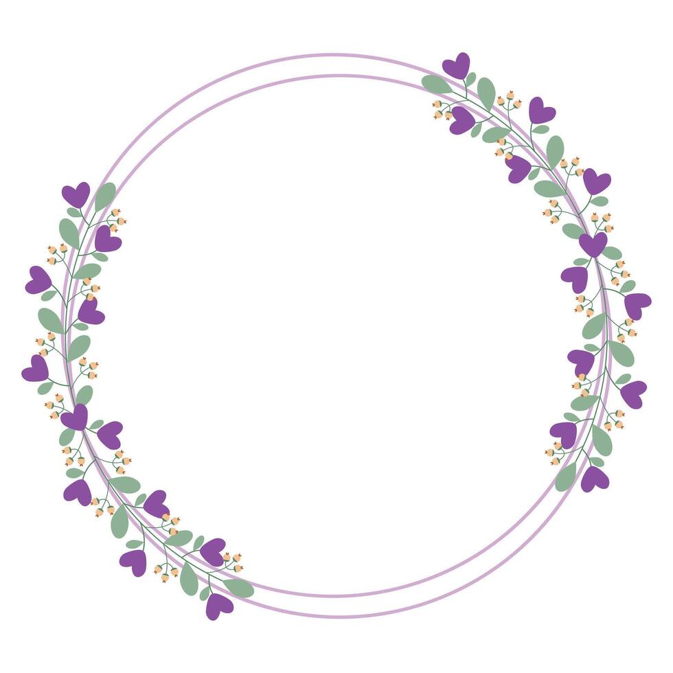 Lovely Purple Circle Borders Frame With Purple Flowers And Green Leaves vector