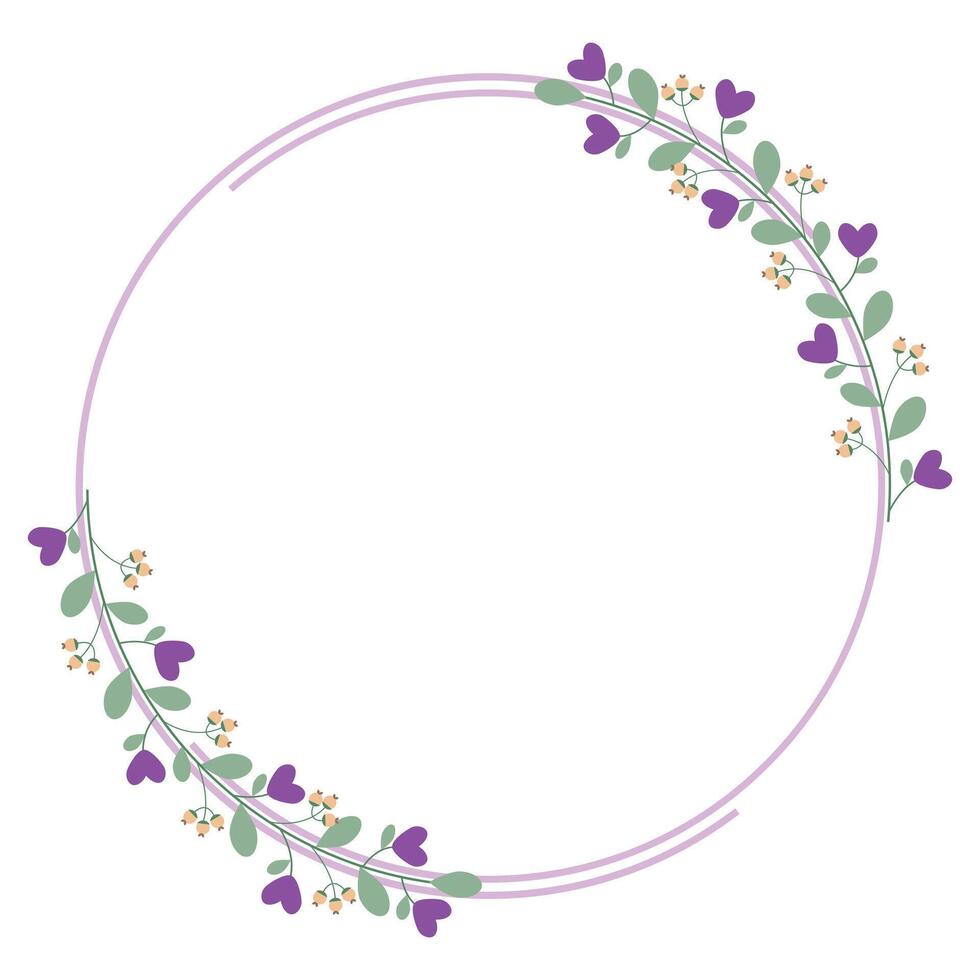 Purple Circle Border Frame With Purple Love Flowers And Green Leaves vector