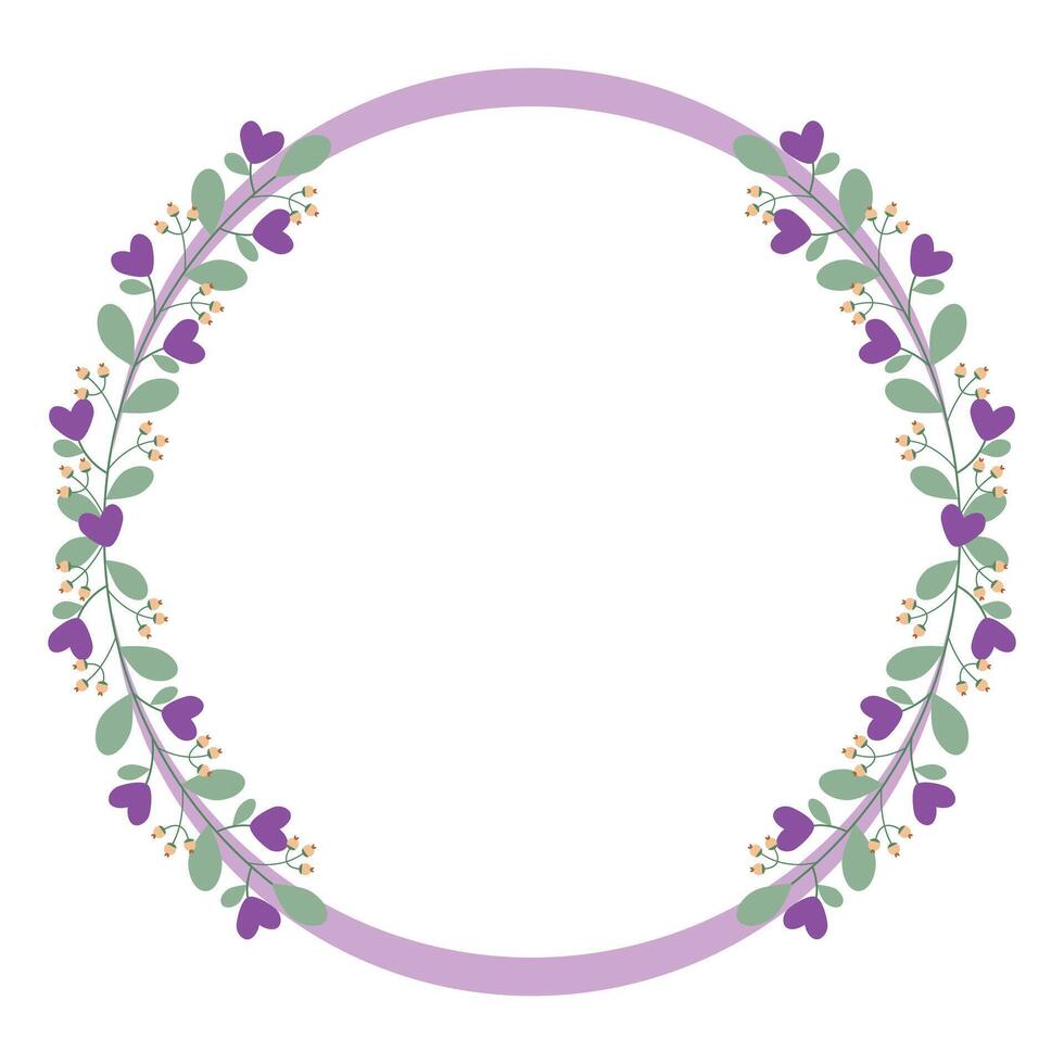 Circle Wreath Decorated With Love Purple Flowers And Green Leaves vector