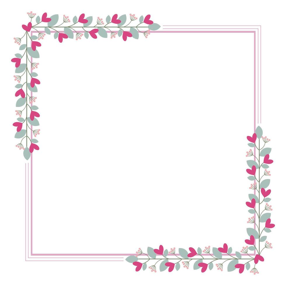 Lovely Square Borders Frame Or Wreath With Leaves And Love Pink Flowers vector