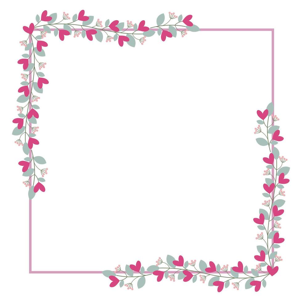 Square Borders Frame Or Wreath With Leaves And Love Pink Flowers vector