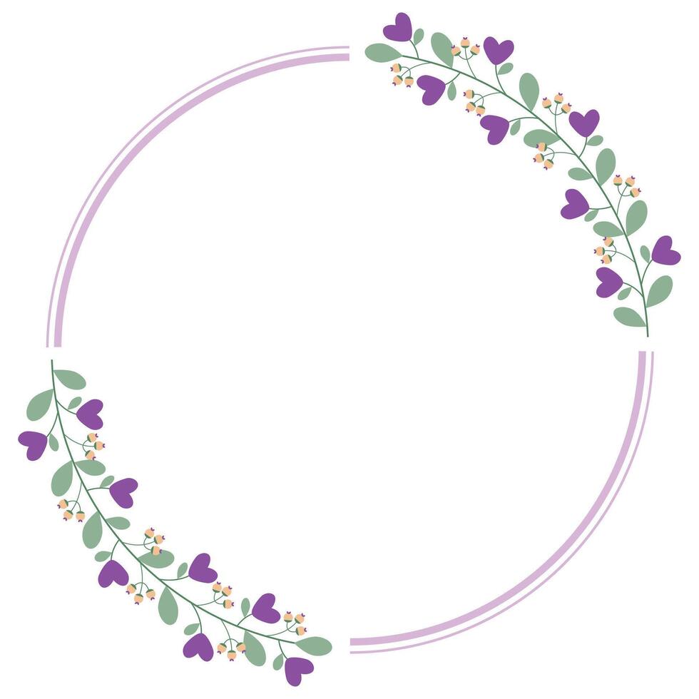 Beautiful Circle Frame Decorated With Love Purple Flowers And Leaves vector