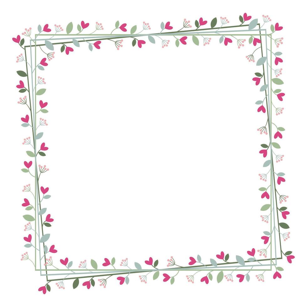 Square Wreath Or Borders Frame With Love Pink Flowers And Green Leaves vector