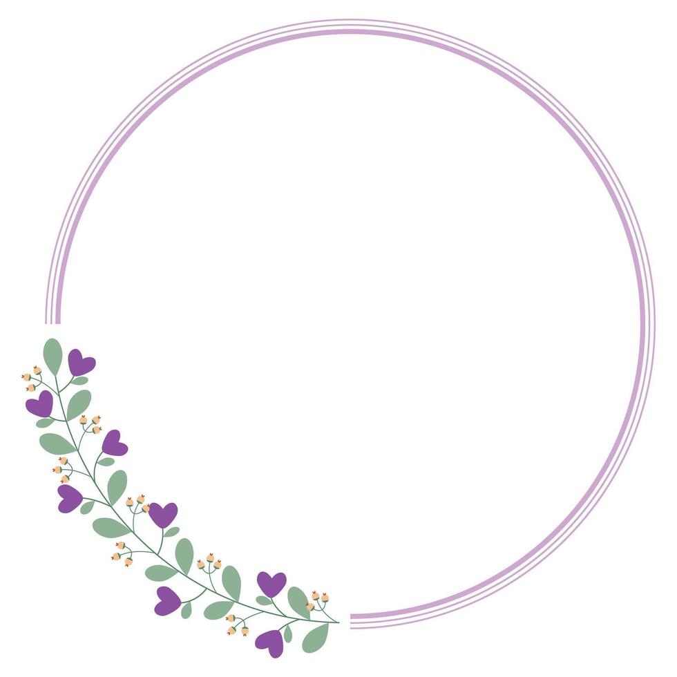 Circle Frame Or Wreath Decorated With Green Leaves And Love Purple Flowers vector
