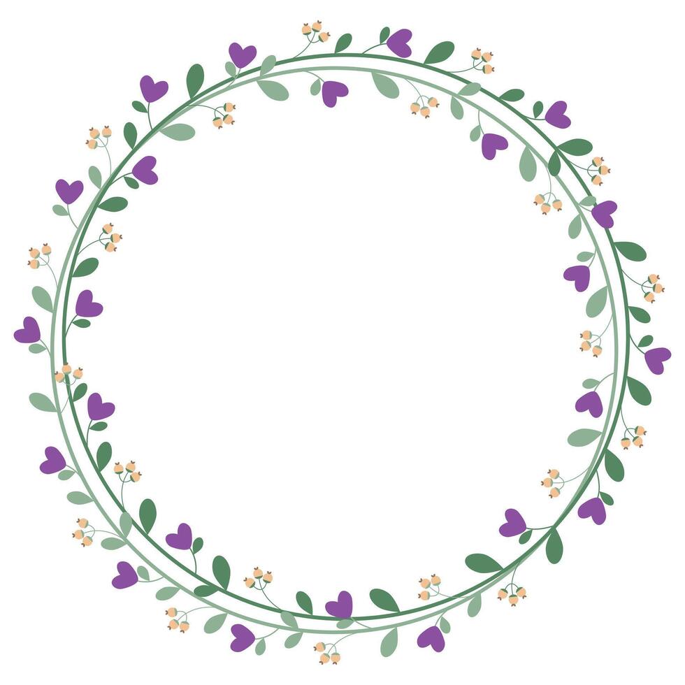 Circle Border Wreath Frame With Purple Flowers And Green Leaves Decoration vector