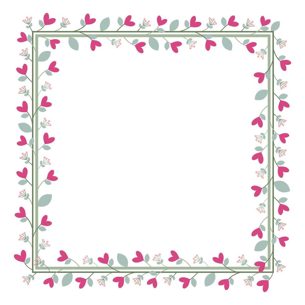 Green Square Border Frame With Pink Flowers And Green Leaves vector