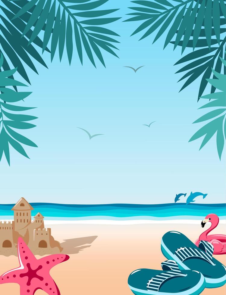 Landscape with beach, sand castle, slate, swimming circle, starfish, dolphins in a frame of palm branches. Summer vacation is a poster for special promotions. vector