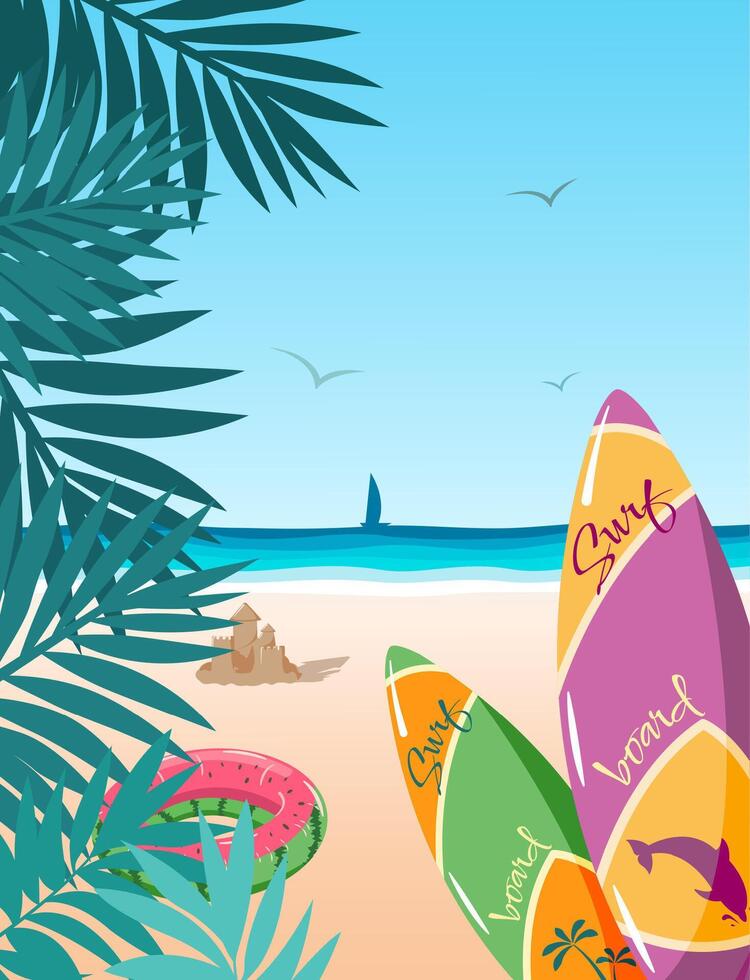 Summer background with the beach. Boards for surfing in the foreground, a frame of palm branches, a sea coast, a silhouette of a sailing boat. vector