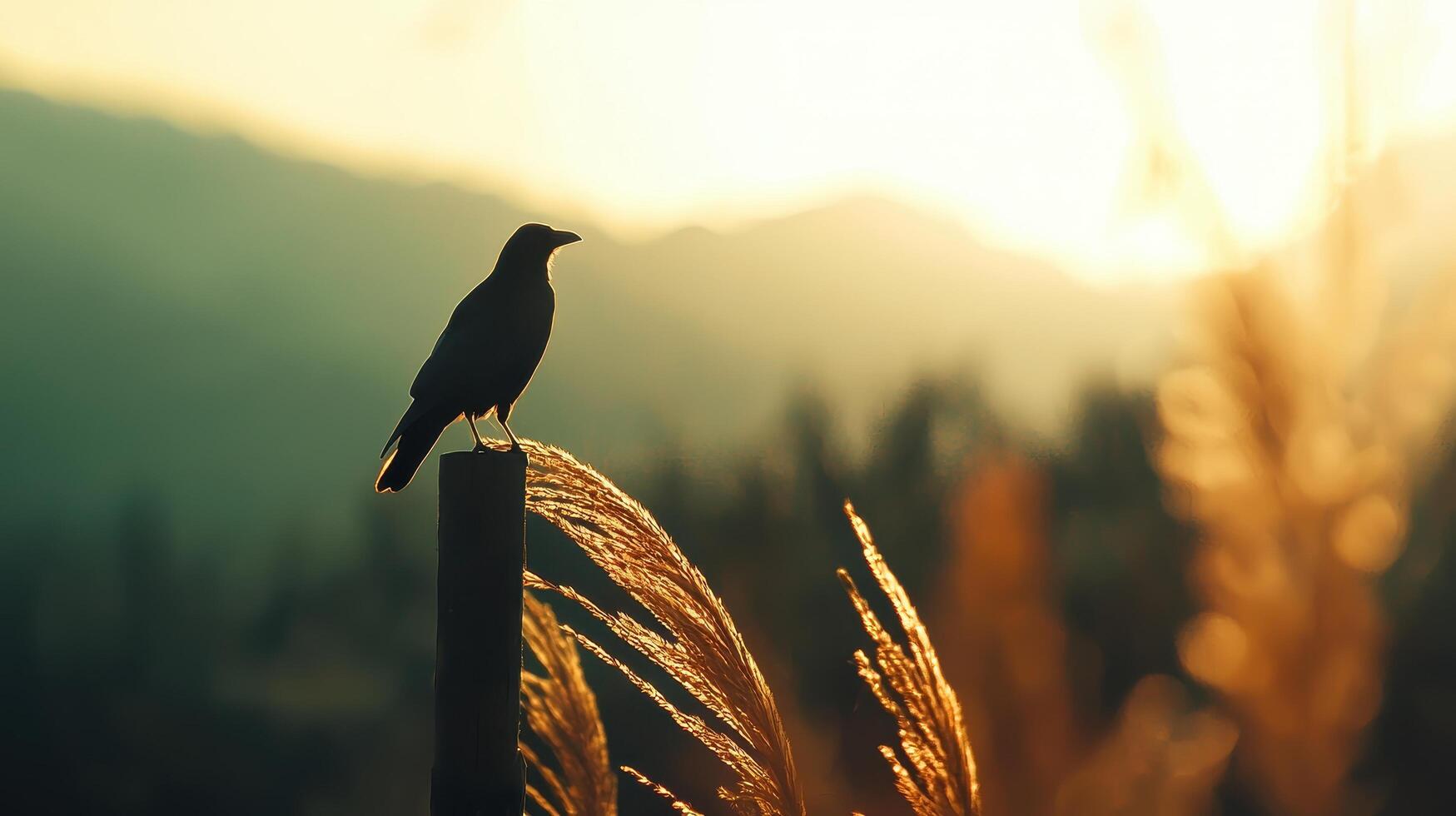 Silhouette of a Bird Perched on a Post at Sunset Golden Grass Peaceful Nature Scene photo