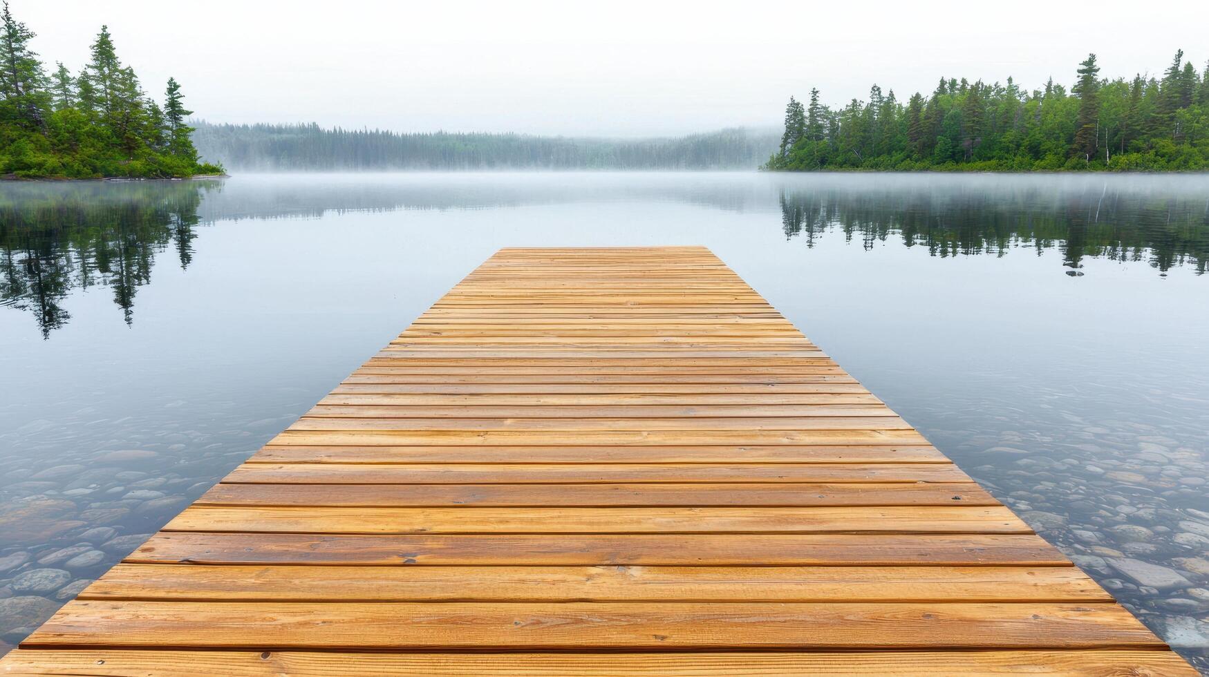 Serene Wooden Dock Extending to Misty Lake with Reflections of Trees photo