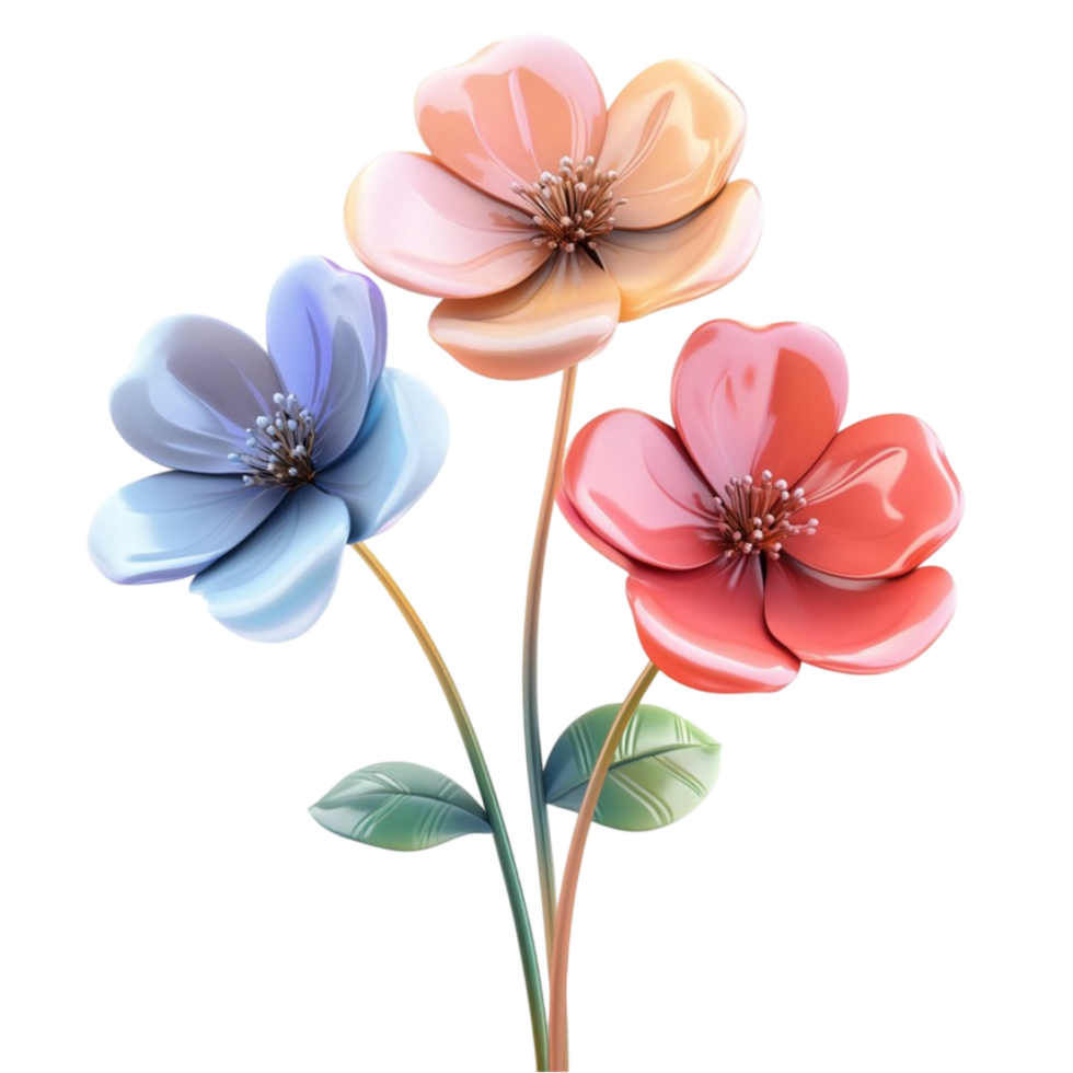 Glossy Vibrant Flowers in Blue, Orange, and Pink on Transparent Background png