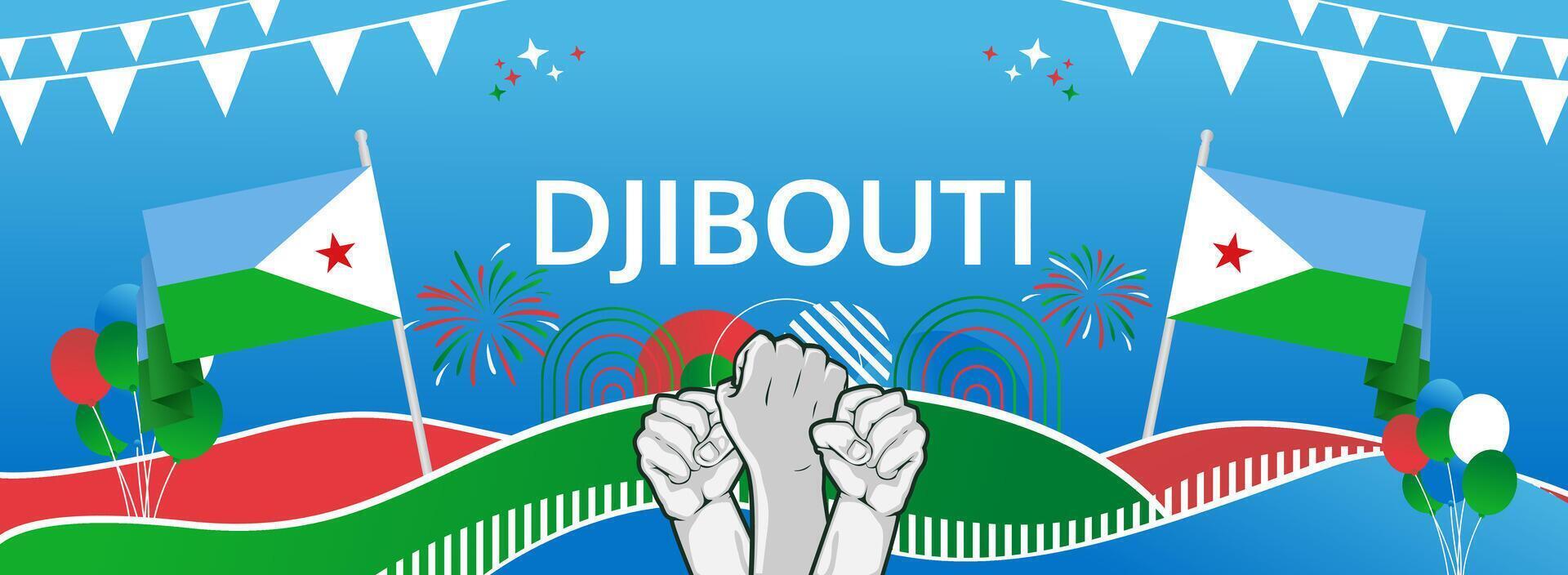 Djibouti National Day on June 27th vibrant banner. Celebrate with flag inspired design, great for events, tourism, and cultural festivals. vector