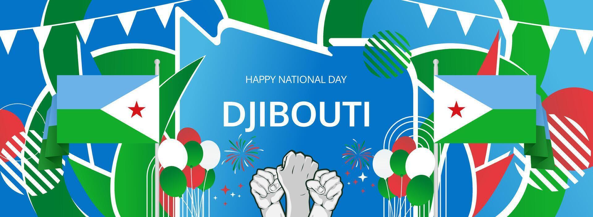 A festive banner to honor Djibouti Independence Day on June 27th. Bold flag colors make it ideal for cultural events, parades, and tourism promotions. vector