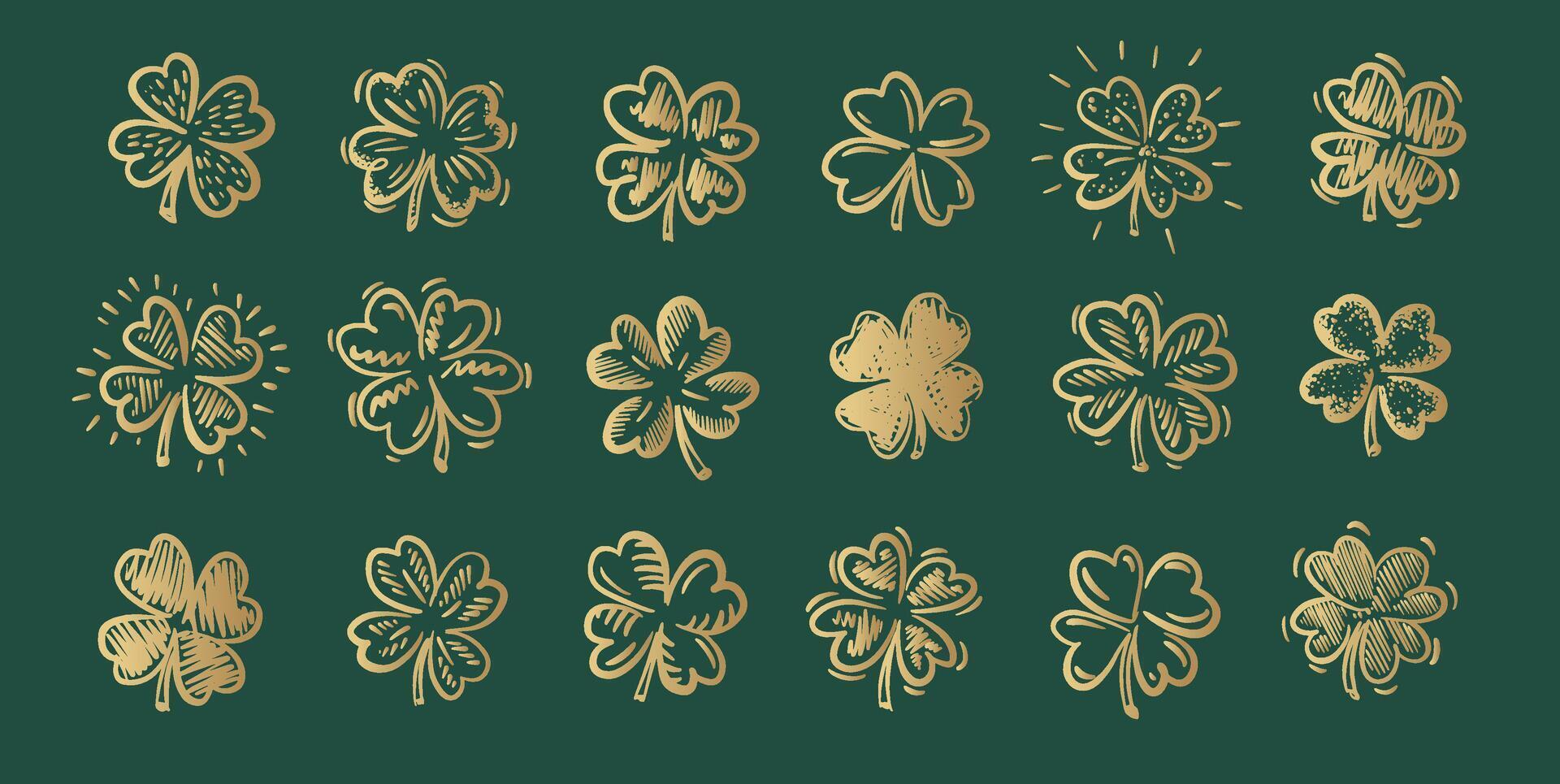 Gold Clover pattern on green, Saint Patricks Day, hand drawn vector