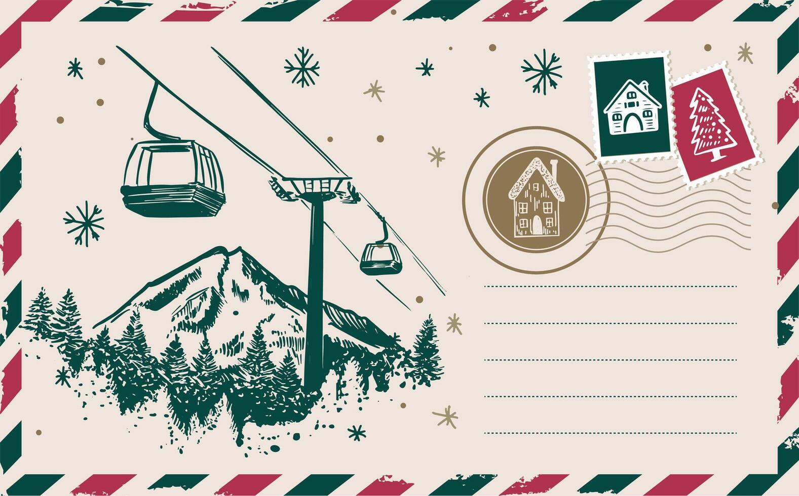 Mail with mountains, postcard, hand drawn illustration. vector