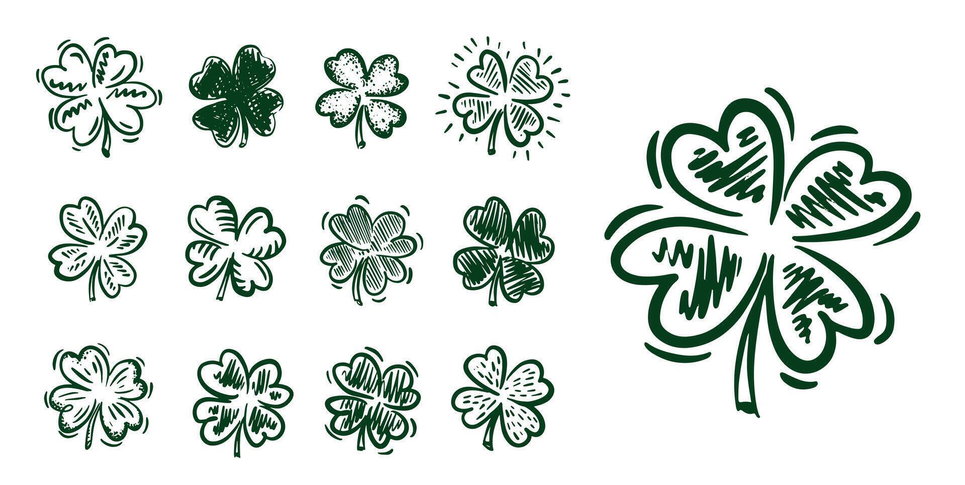 Saint Patricks Day, Clover set on white, hand drawn illustrations. vector