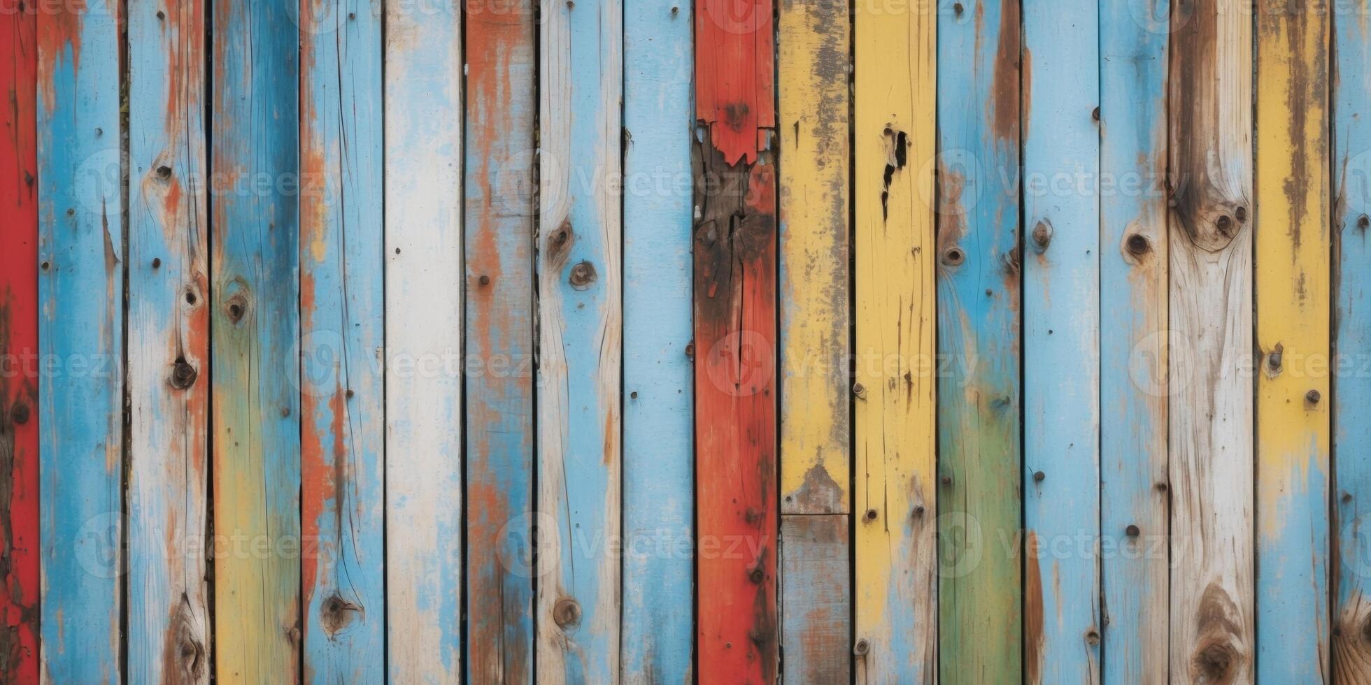 Colorful weathered wooden planks background with various shades of red blue yellow and green suitable for design projects with Copy Space photo