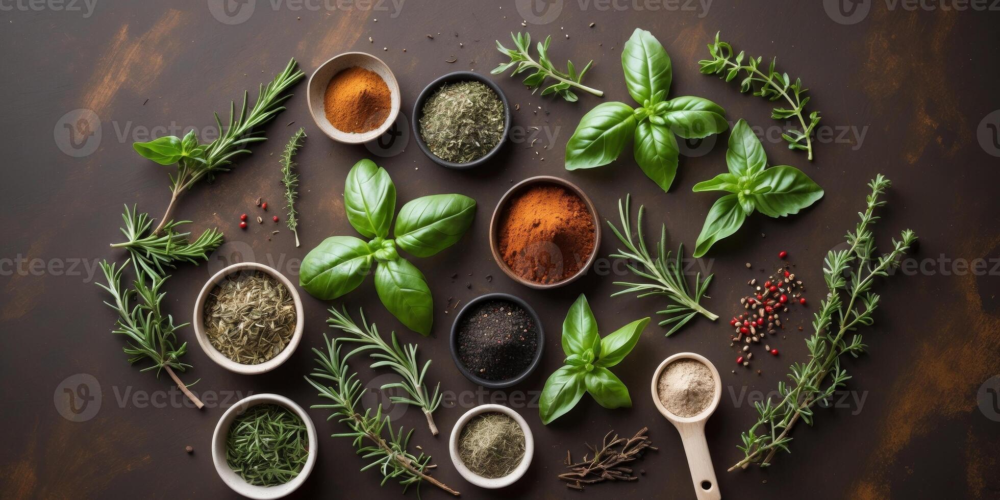 Spices and herbs arranged on dark background with copy space for text rustic kitchen decor culinary concept photo