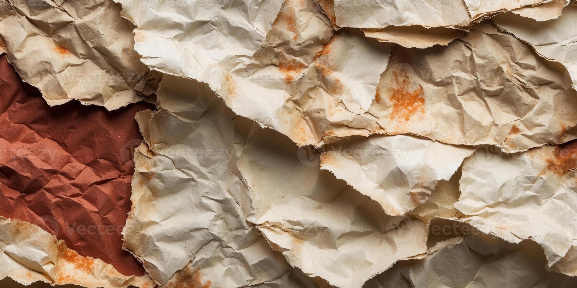 Wrinkled and torn brown and red paper texture with copy space for design or background use photo