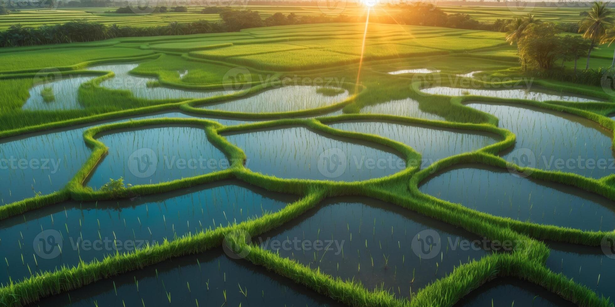 Aerial view of rice fields with water ponds under sunset light Copy Space. photo