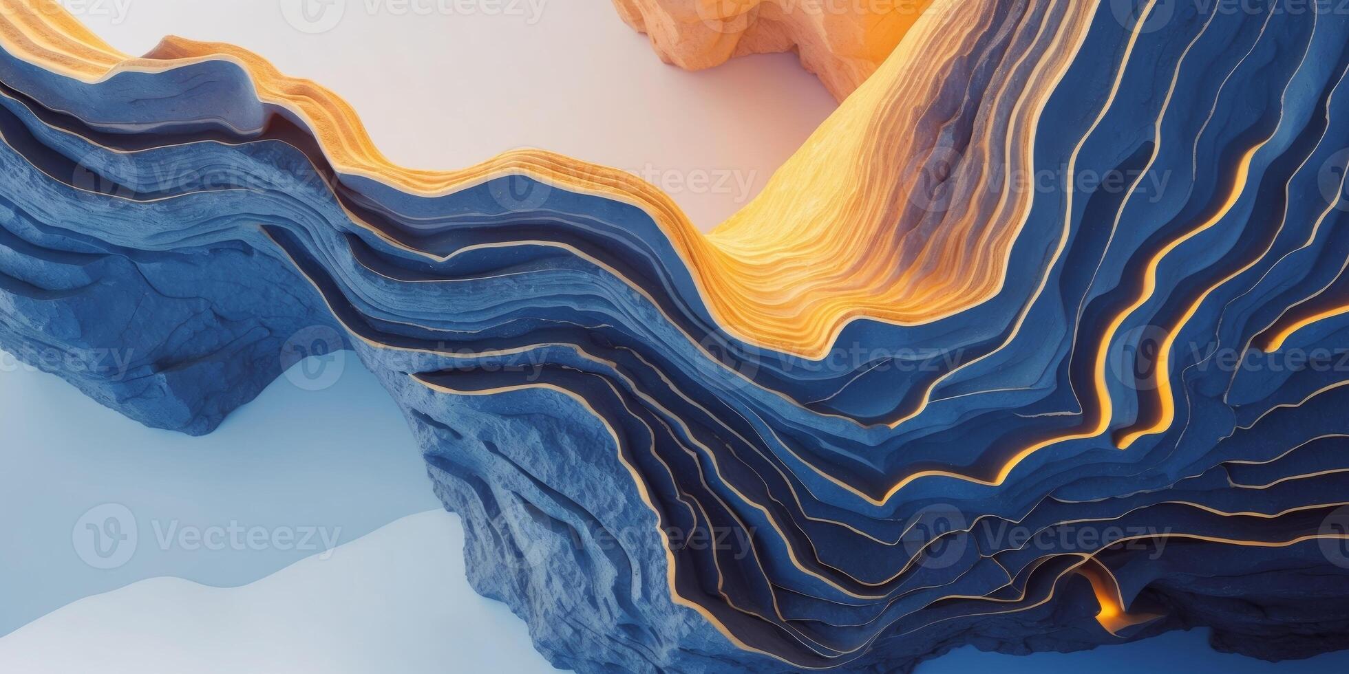 Abstract layered rock formations with glowing golden edges and deep blue shadows. photo