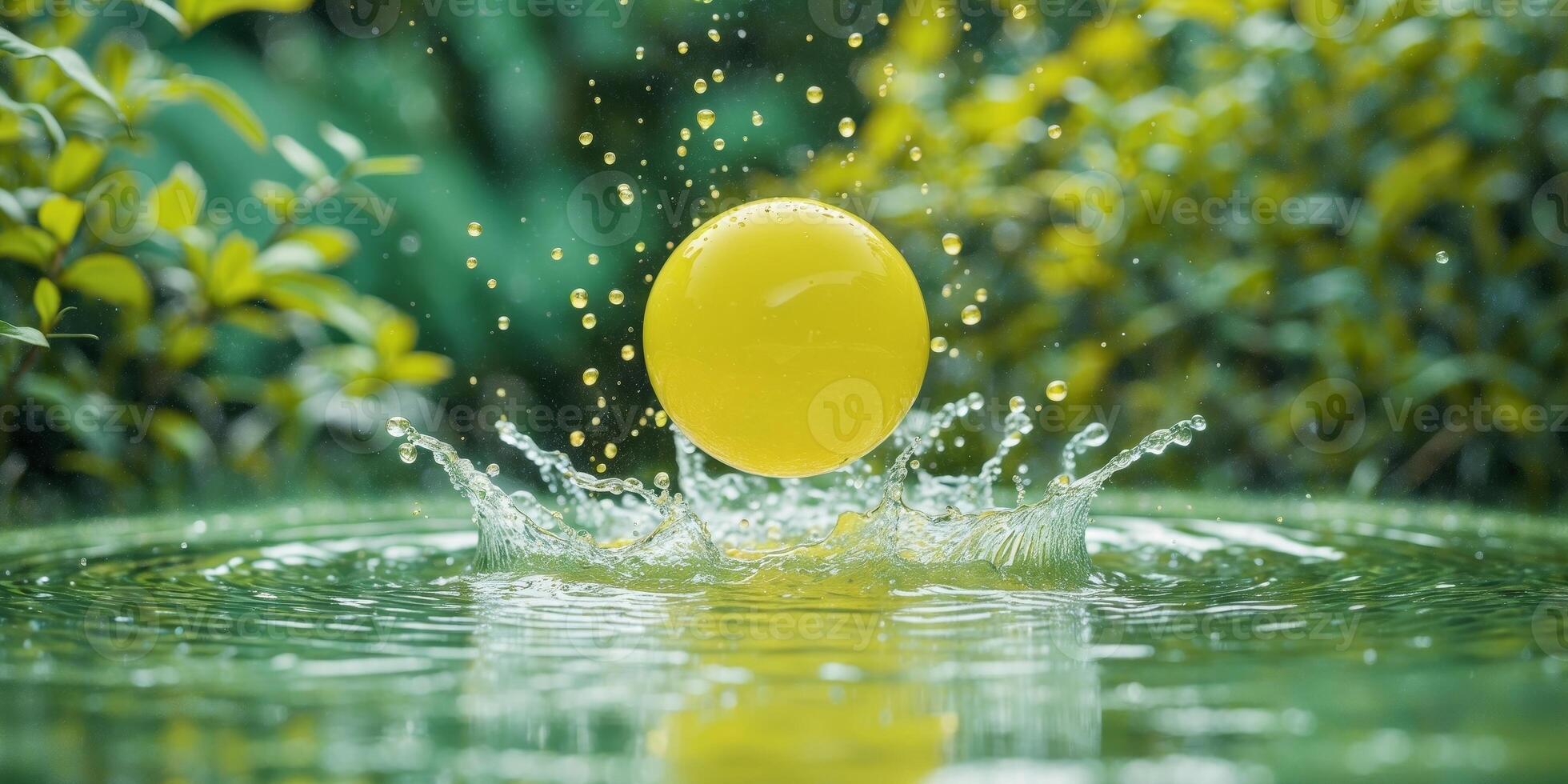 Water Splash with Yellow Ball in Lush Green Nature Background. photo