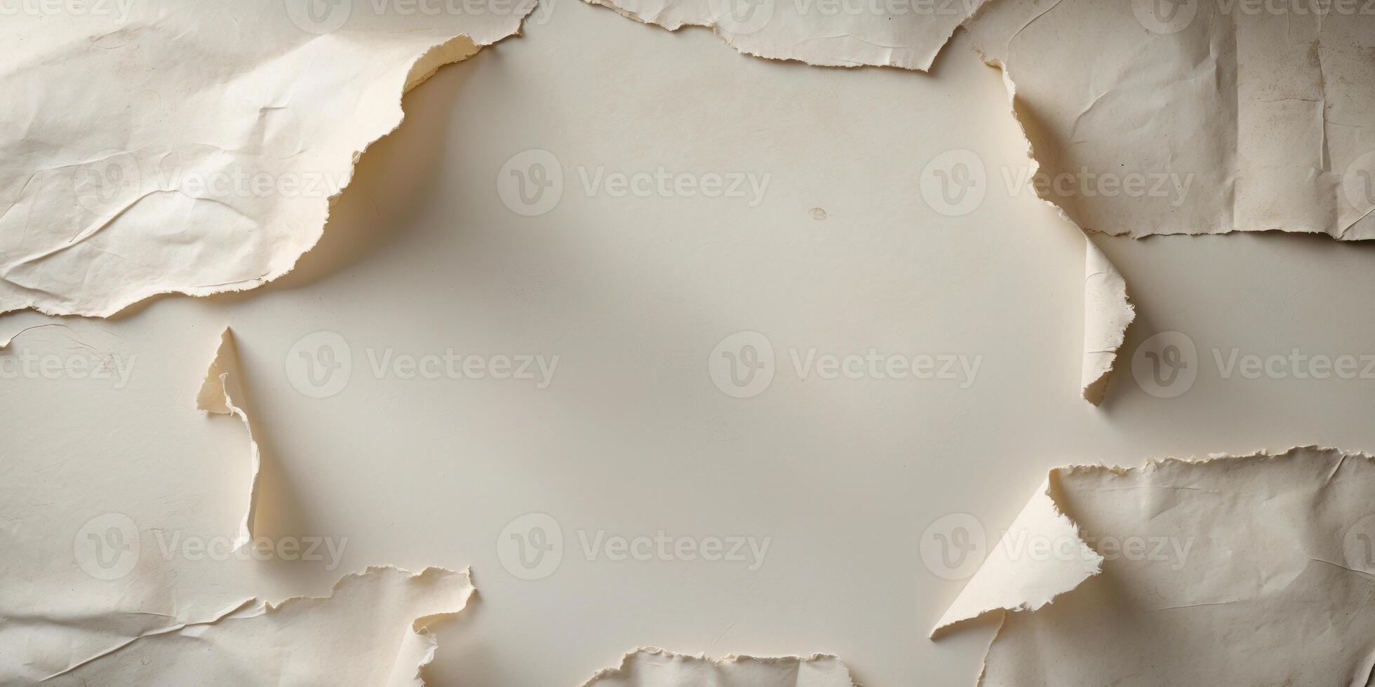 Textured vintage paper background with creases and ripped edges featuring neutral colors and soft shadows Copy Space. photo