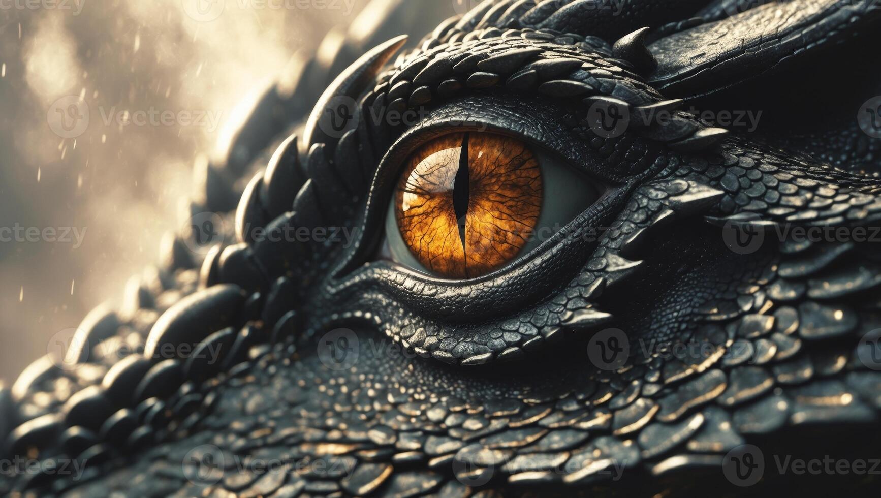 Close up of Dragon s Eye Fantasy Creature Mythical Reptile Dark Mysterious Glowing Amber Iris. photo
