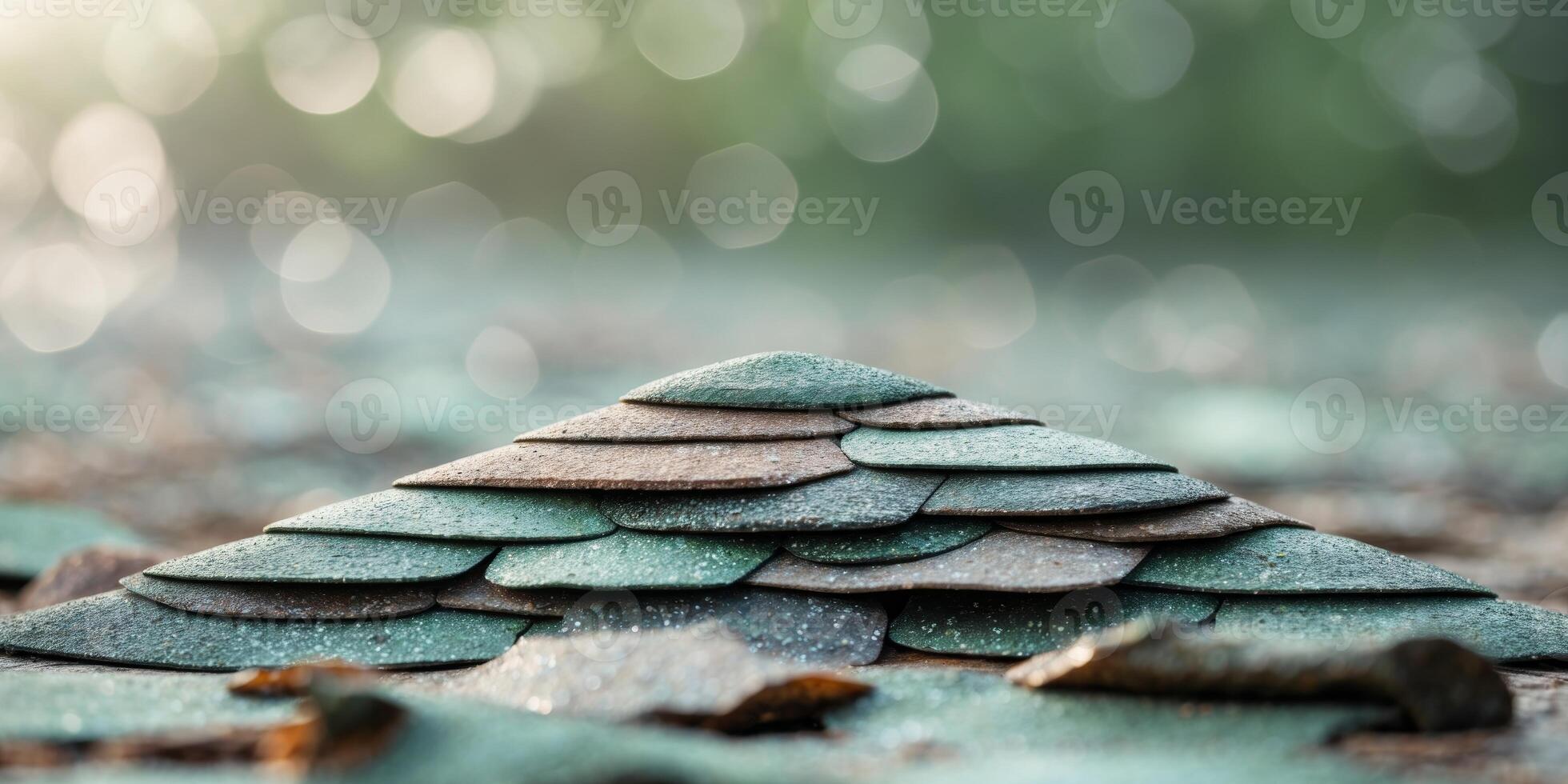 Shingle variety displaying textures and colors with a blurred outdoor background. photo