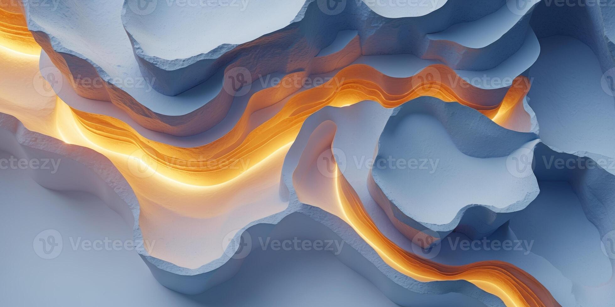 Abstract layered rock formations with glowing golden edges and deep blue shadows photo
