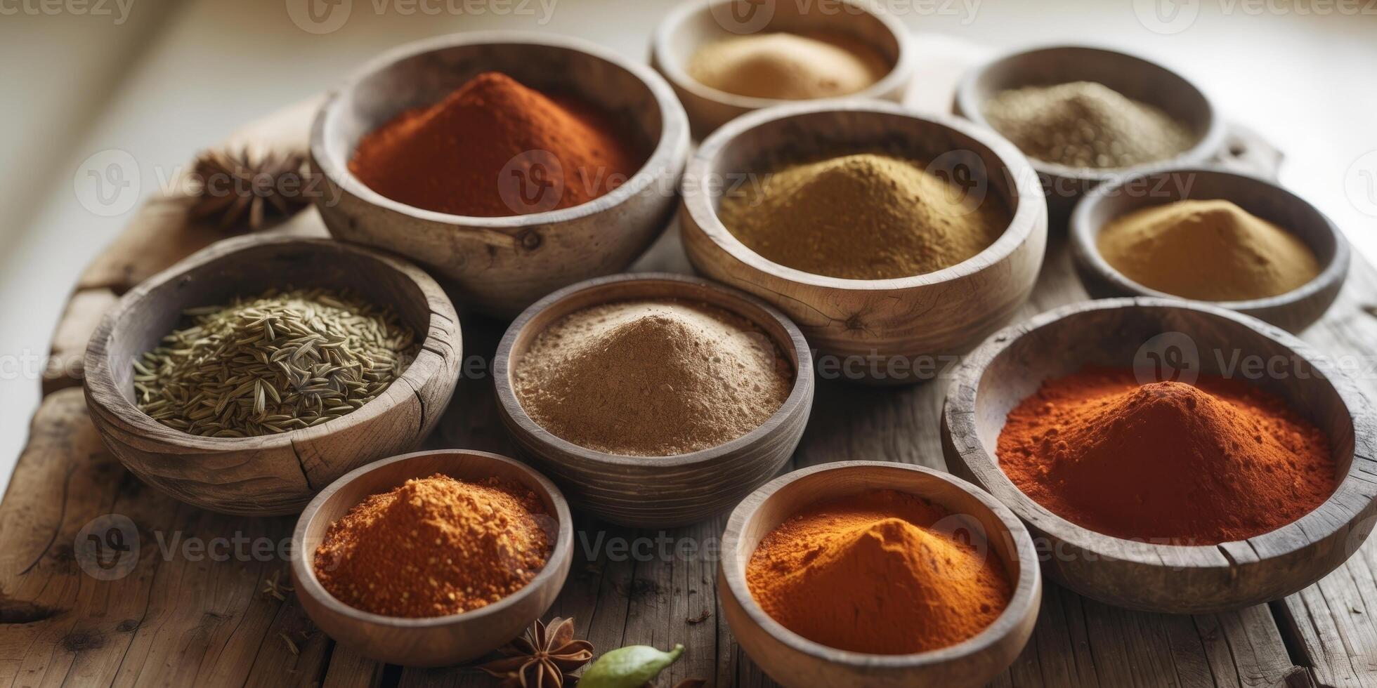 Assorted spices in wooden bowls with textured surfaces placed on a wooden table with blurred background Copy Space photo