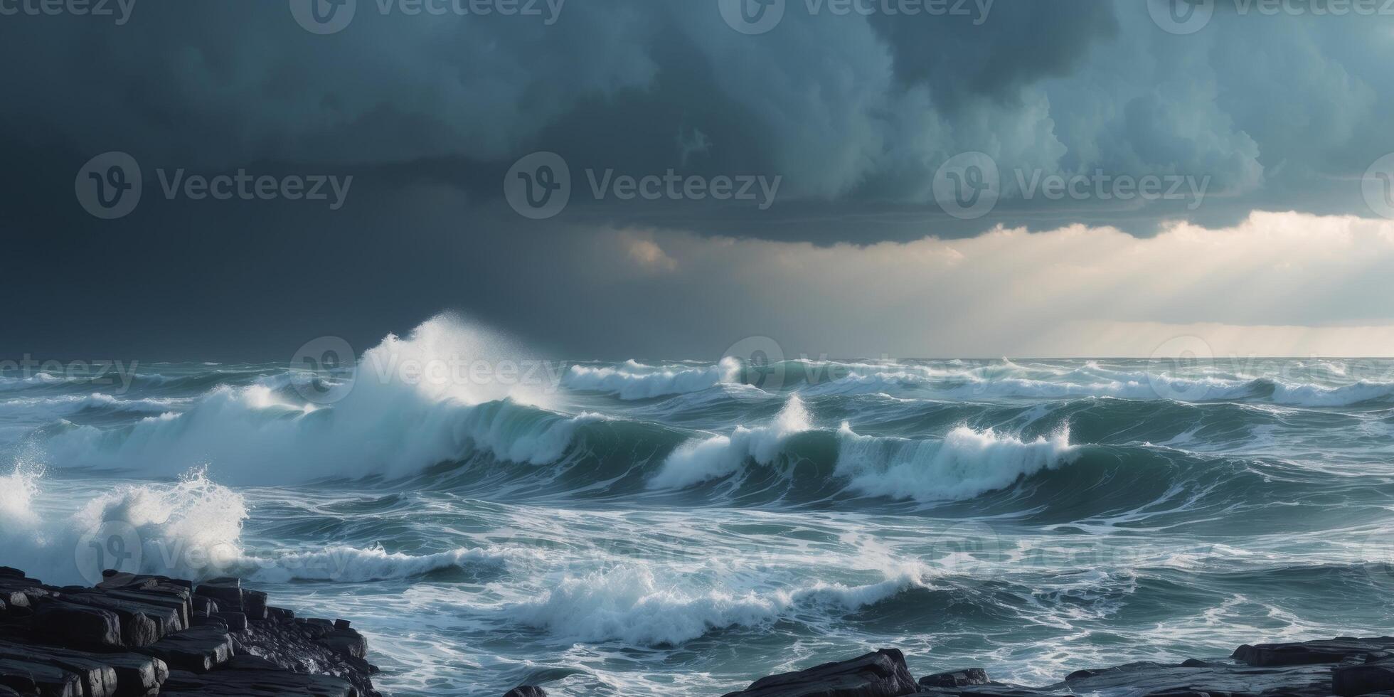 Dark turbulent ocean waves under stormy clouds with dramatic lighting and rocky foreground Copy Space. photo