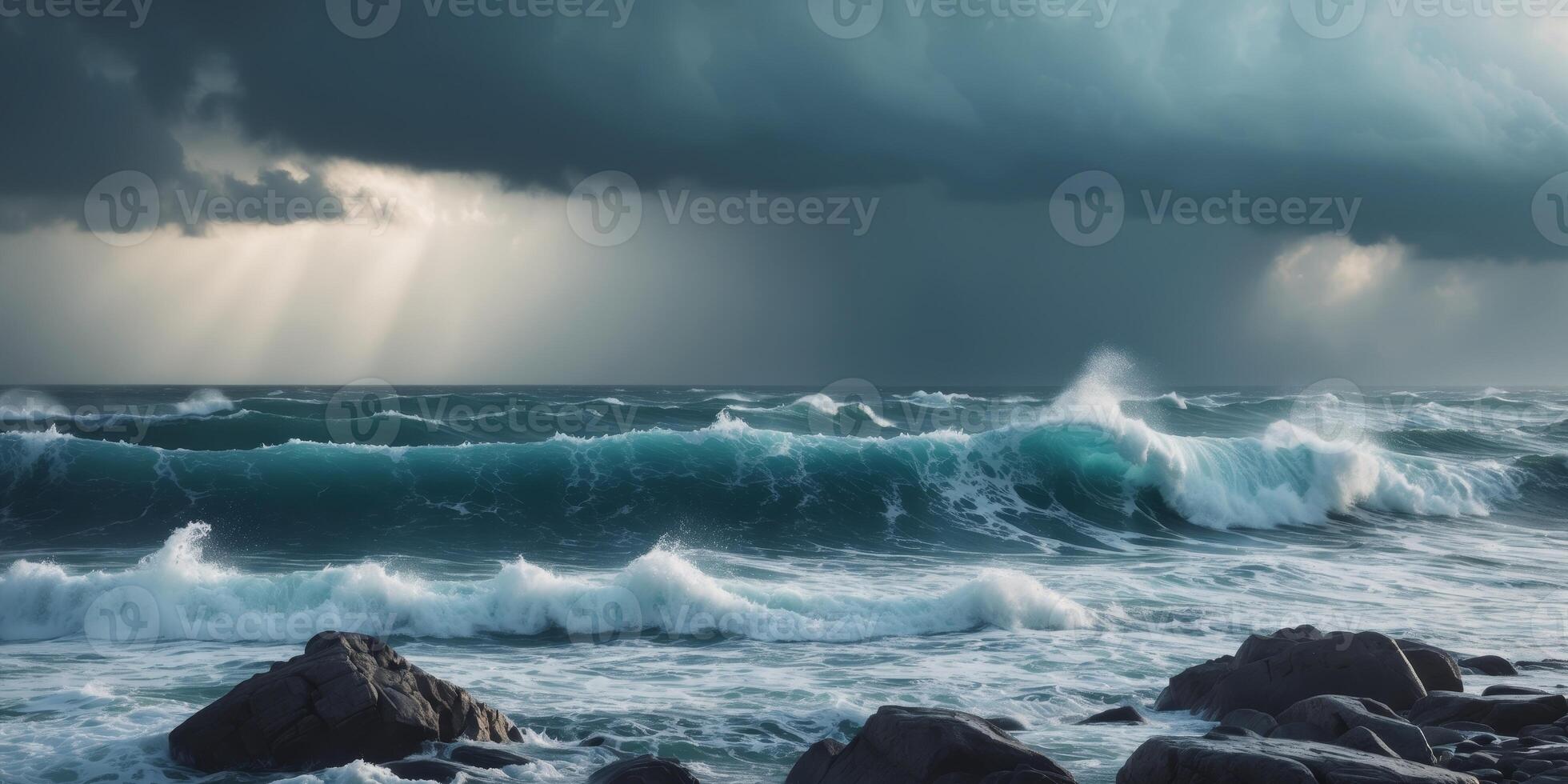 Dark turbulent ocean waves under stormy clouds with dramatic lighting and rocky foreground Copy Space photo