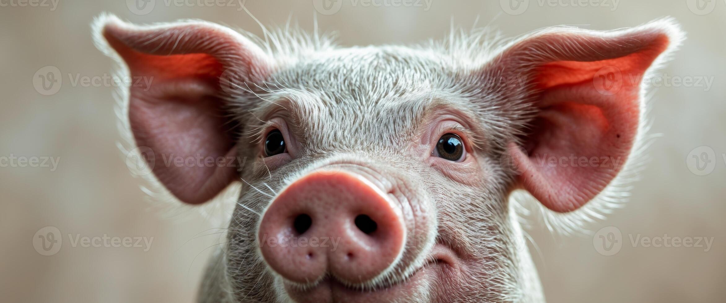 Close up of funny fisheye perspective of pig's face. photo