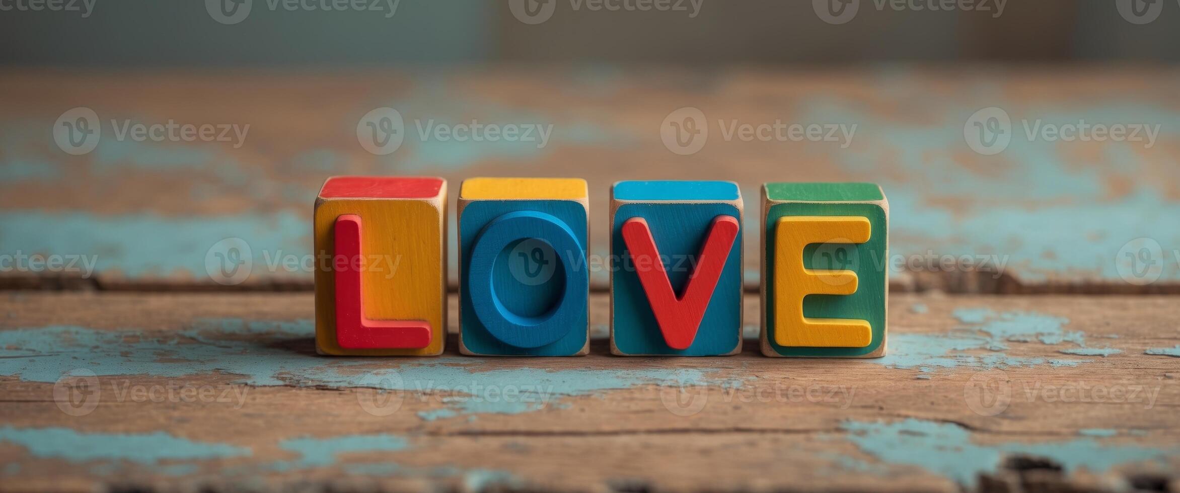 Four colorful wooden alphabet blocks spelling the word love are displayed on a rustic wooden surface photo