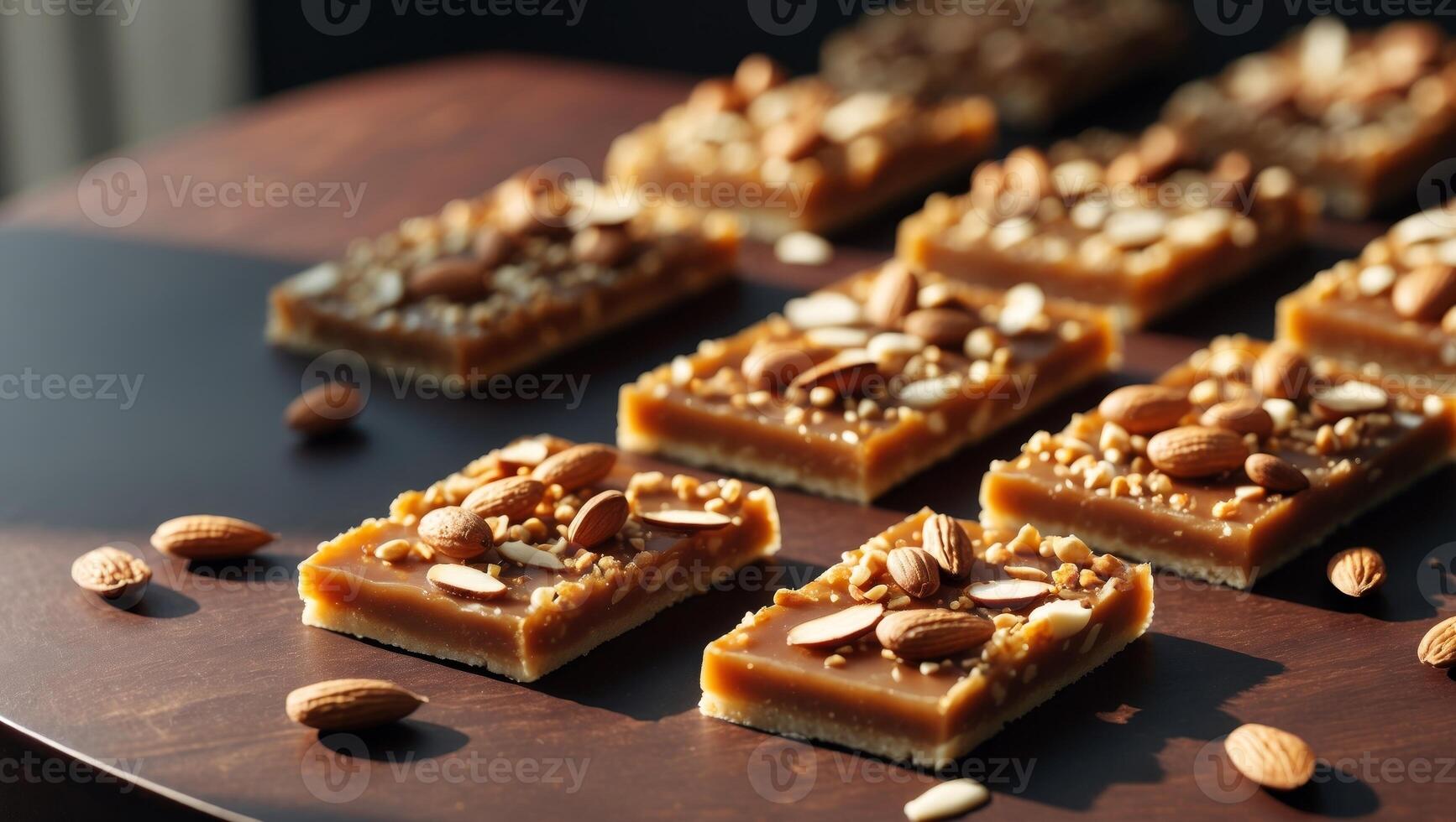National Peanut Brittle Day Caramel almond bars with nuts and sliced almonds on dark wooden table photo