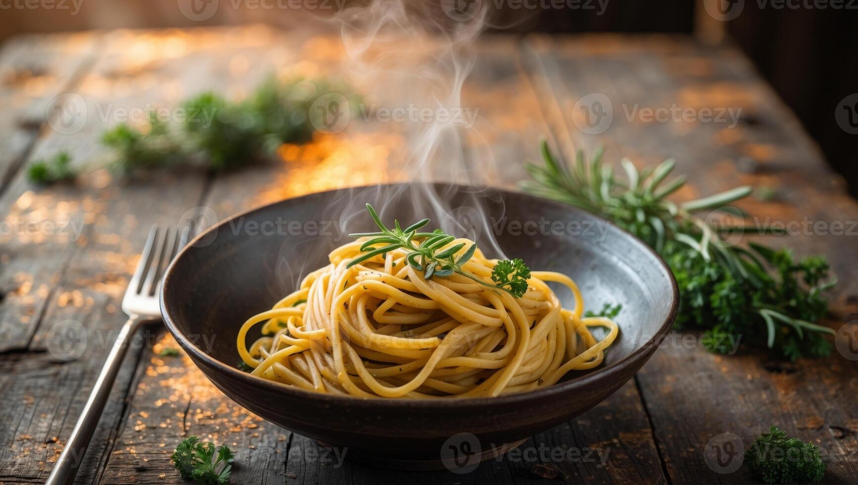 A bowl of pasta served on a wooden table with fork and fresh herbs in a cozy dining setting photo