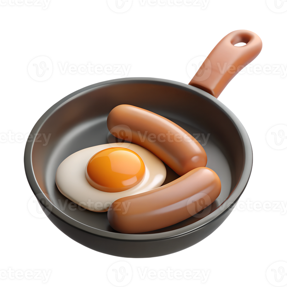Fried egg with sausages on pan 3d illustration isolated on the transparent background png