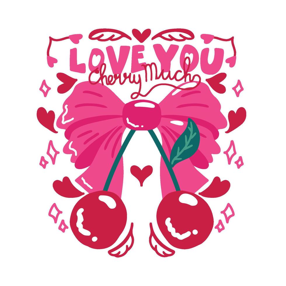 Valentine's Day Greeting Card Sticker Typography cute ribbon cehrry pink deep red vector