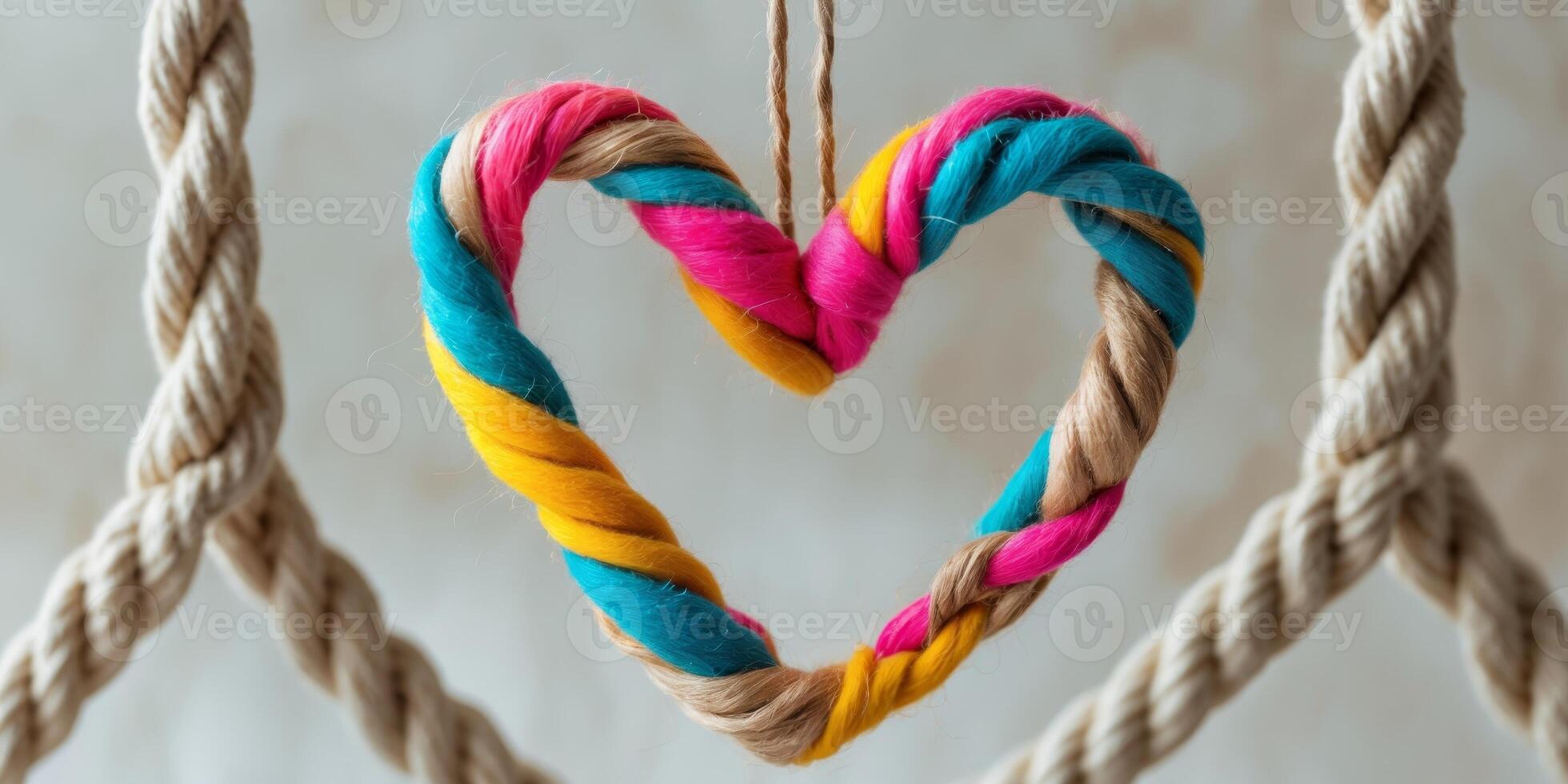 Colorful heart shape made from natural fibers on intertwined rope background with copy space for text photo