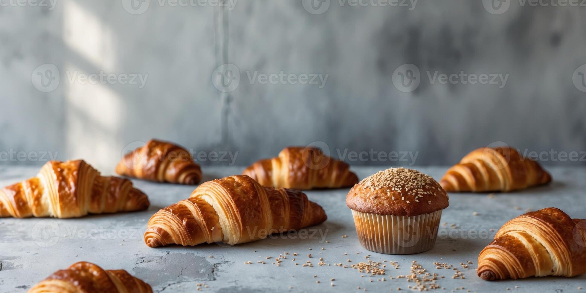 Assorted freshly baked pastries including croissants and a muffin with sesame seeds on a textured gray background with Copy Space photo