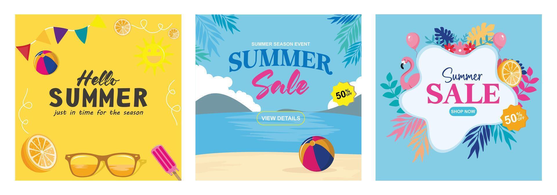 Vibrant summer sale advertisement design with beach and tropical elements. vector