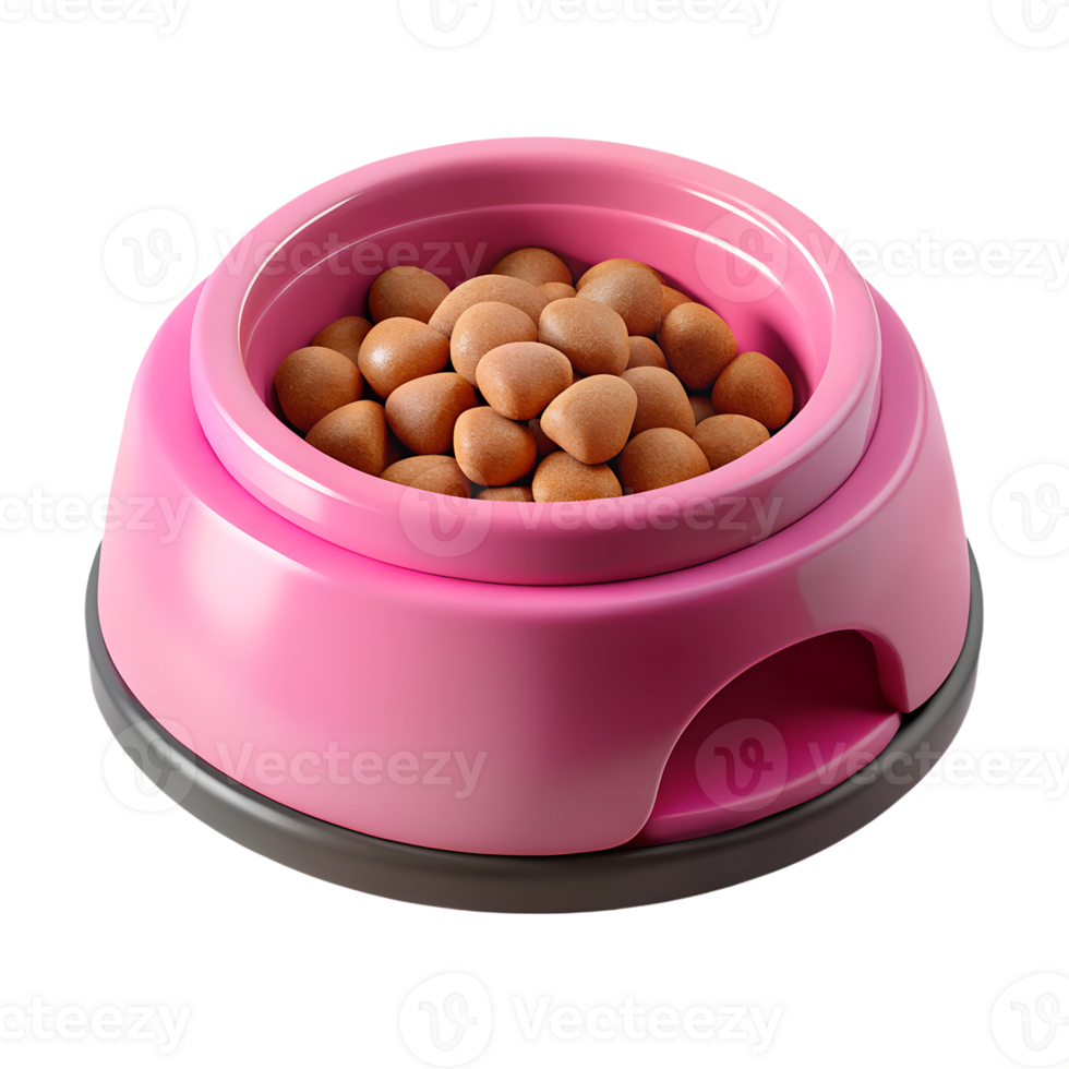Pink cartoon bowl with pet food 3d illustration isolated on the transparent background png