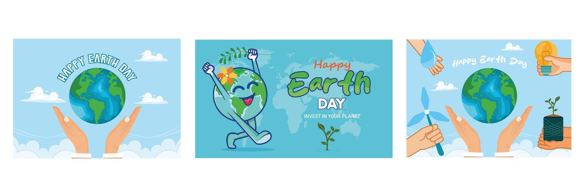 Illustrations depicting Earth Day, a hand and a globe, a bud, a windmill, water, and a light bulb. vector