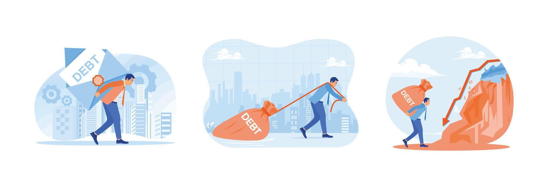 Illustration depicting a businessman with a debt burden, working, and trying to be free from debt. vector