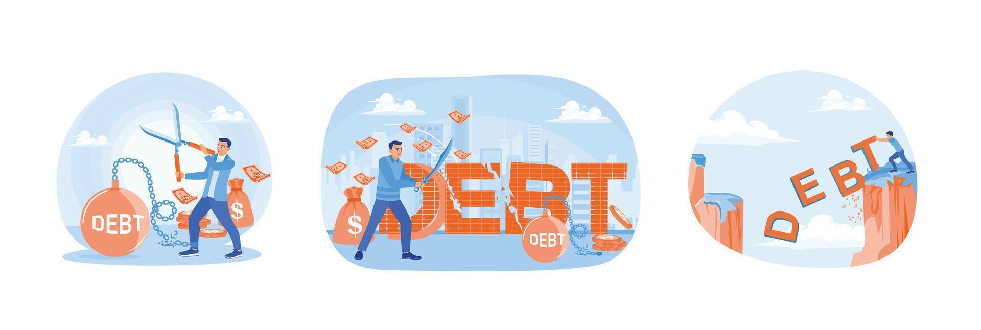 A collection of illustrations depicting someone trying to get rid of debt. vector