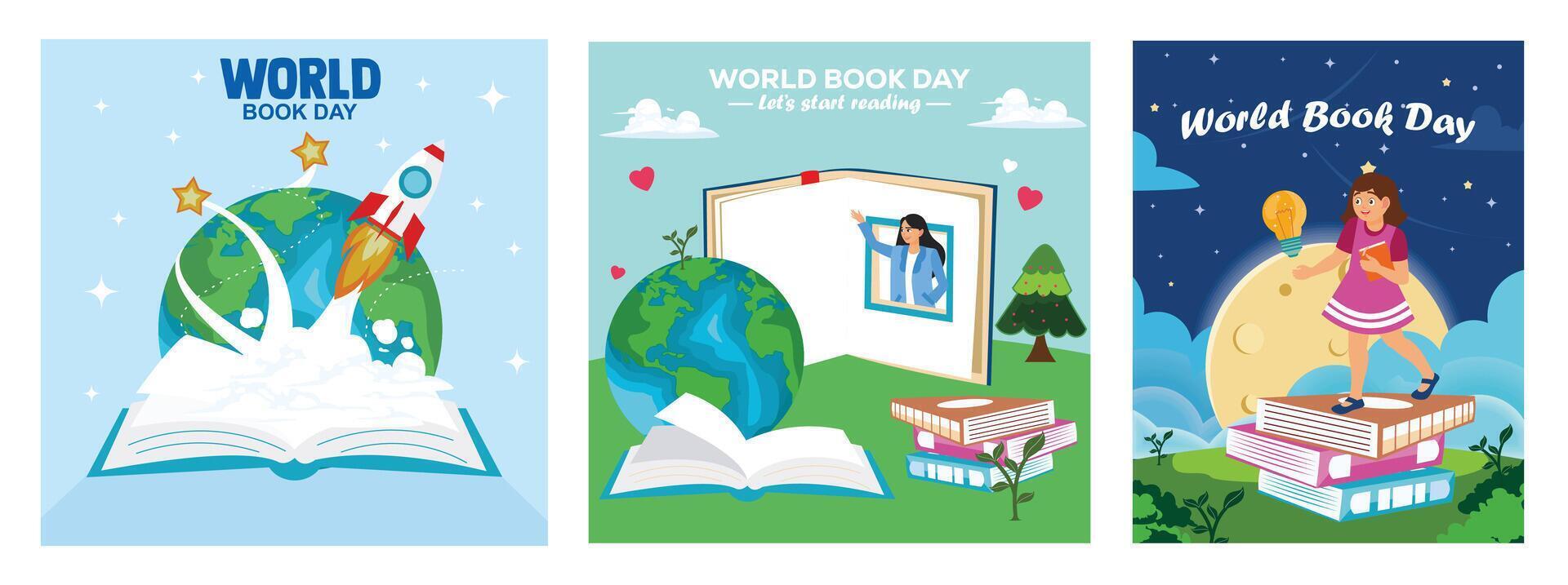 World Book Day Concept Illustrations featuring books, earth, and imaginative themes. vector