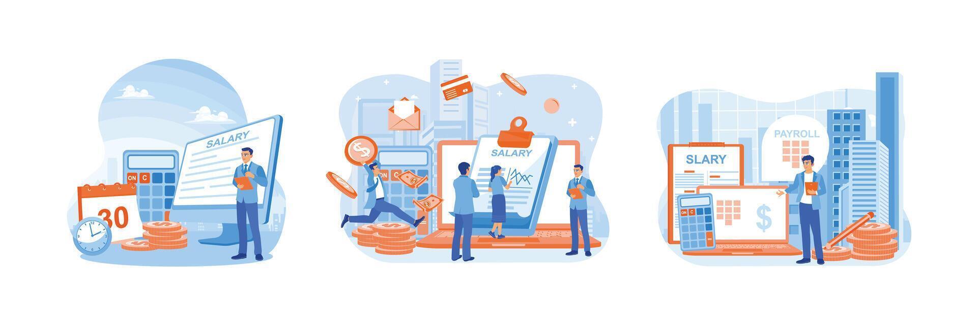 Illustration of salary payment, salary payment date, employee receiving salary, making money online. vector